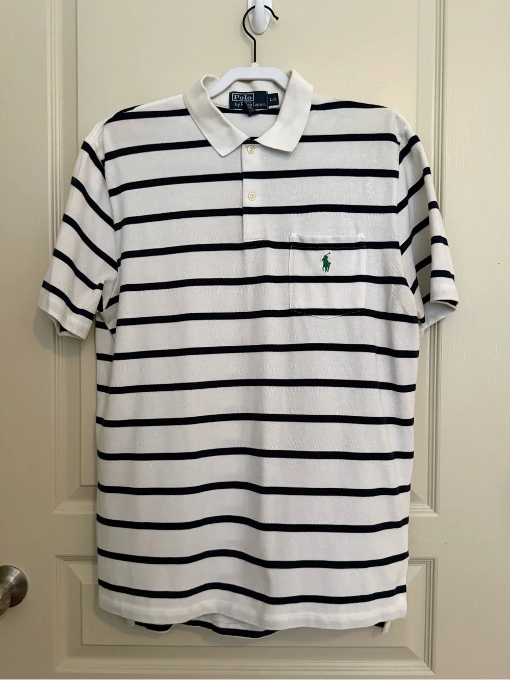 Ralph Lauren White Polo Shirt with Navy Stripes and Green Pony
